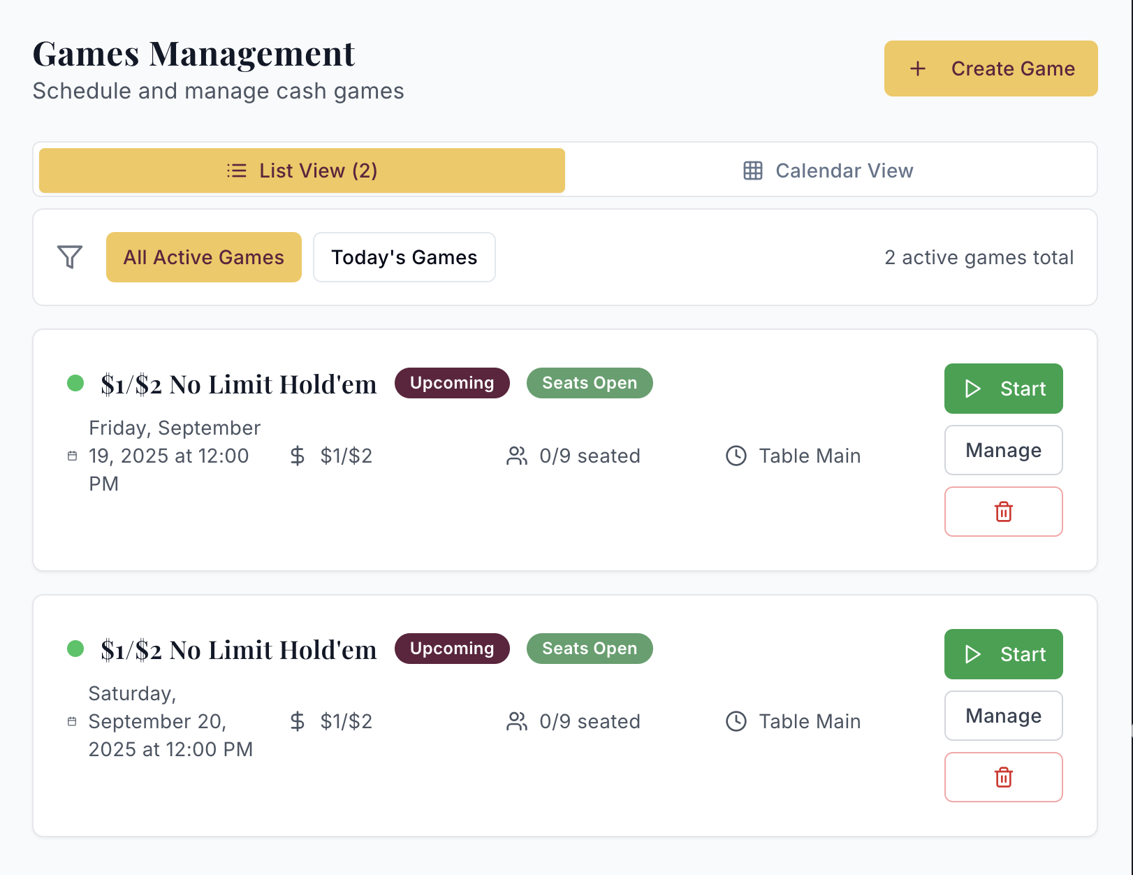 Game & Table Management interface screenshot 1